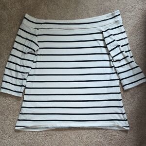 LOFT Off The Shoulder White and Black Striped Top